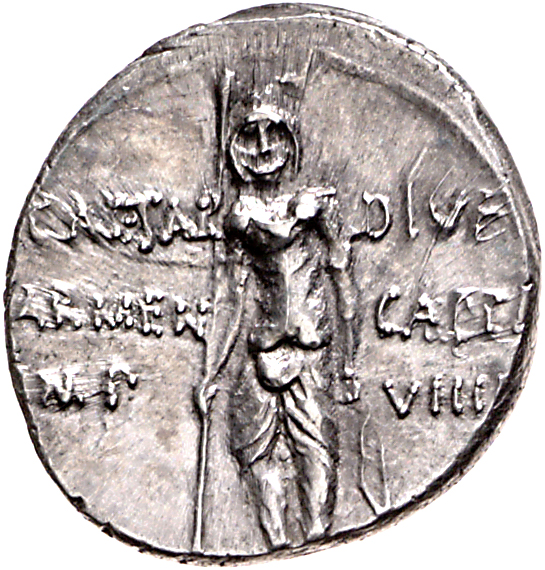 Augustus reverse — Armenian standing, facing, holding spear in right hand and resting bow-case on ground with left