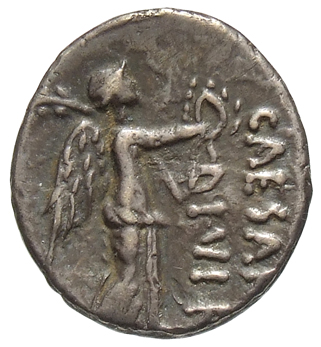 Augustus reverse — Victory standing right on globe, holding wreath in right hand and palm in left