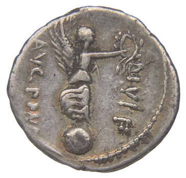Augustus reverse — Victory standing right on globe, holding wreath in right hand and palm in left