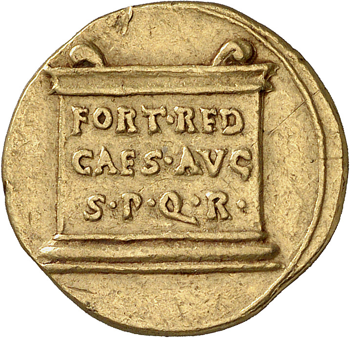 Augustus reverse — Legend in three lines inscribed on rectangular altar