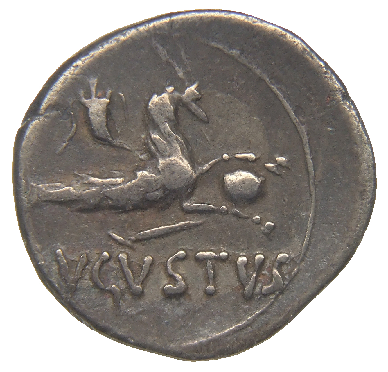 RIC I (second edition) Augustus 541 Augustus reverse, Capricorn right, holding globe; rudder attached below; above cornuco...