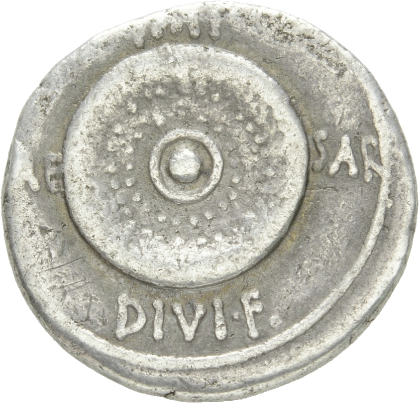 RIC I (second edition) Augustus 543A Augustus reverse, Round shield with three concentric rows of studs and central boss