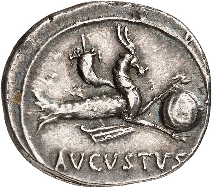 RIC I (second edition) Augustus 547A Augustus reverse, Capricorn right, holding globe attached to rudder and carrying corn...