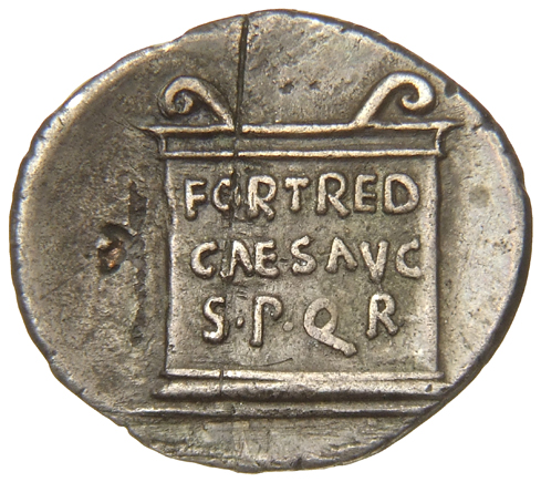 Augustus reverse — Legend in three lines inscribed on rectangular altar