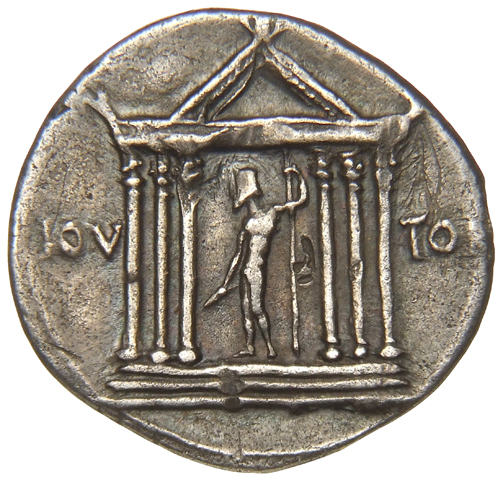Augustus reverse — Jupiter, standing left, in hexastyle temple, holding thunderbolt in right hand and leaning left on sceptre