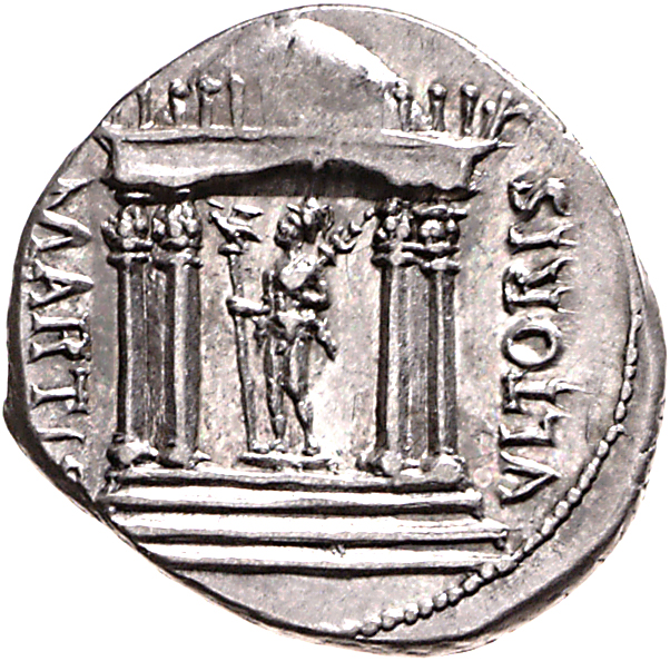 RIC I (second edition) Augustus 72 Augustus reverse, Tetrastyle round domed temple, Mars standing inside left, with legion...