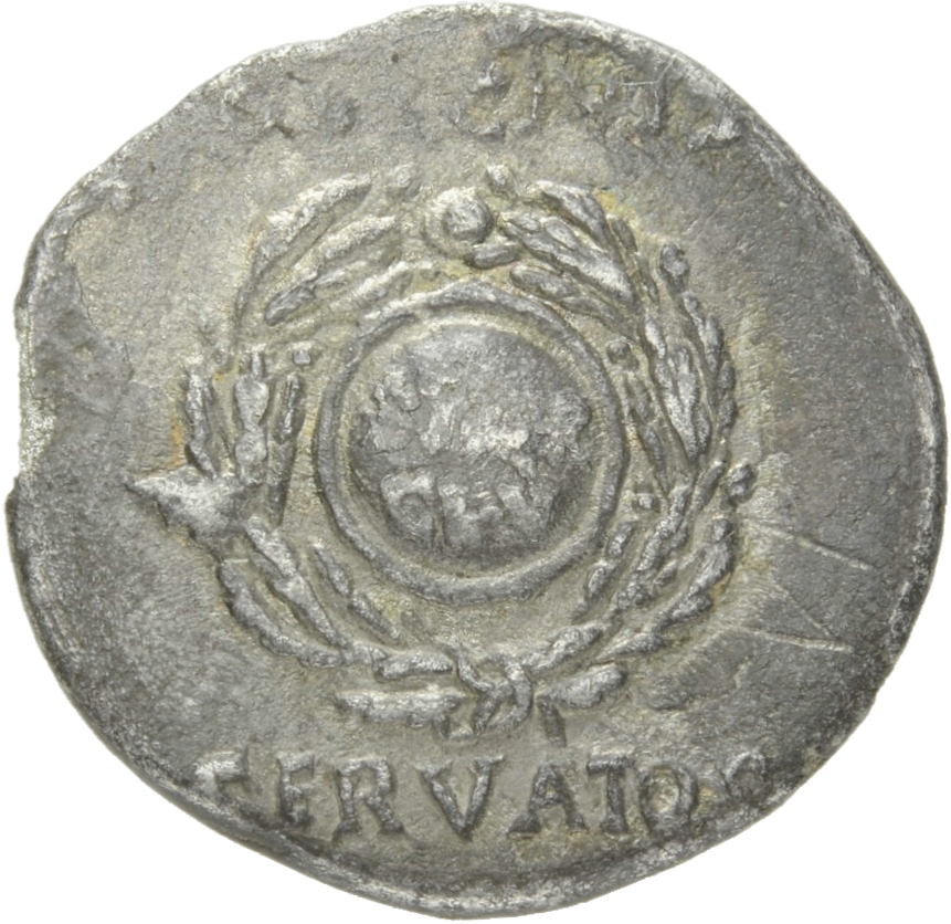 RIC I (second edition) Augustus 79A Augustus reverse, Shield inscribed with S P Q R /C LV in two lines, in oak-wreath