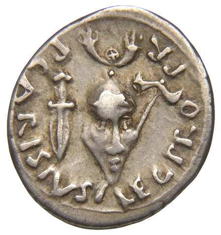Augustus reverse — Helmet with stag horns between dagger and bipennis