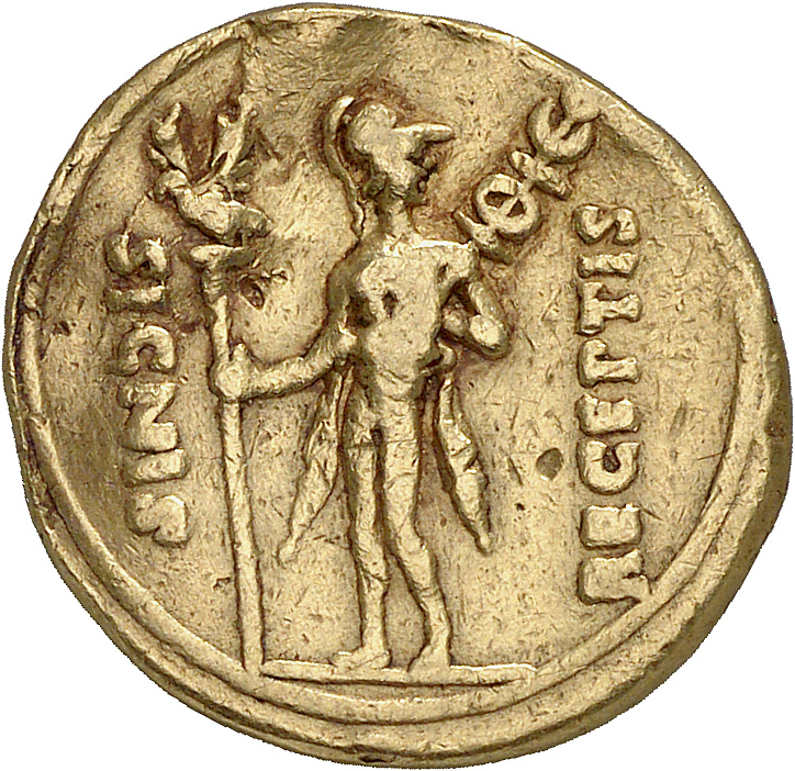 Augustus reverse — Mars, helmeted and cloaked, standing front, head right, holding aquila in right hand and standard on left shoulder