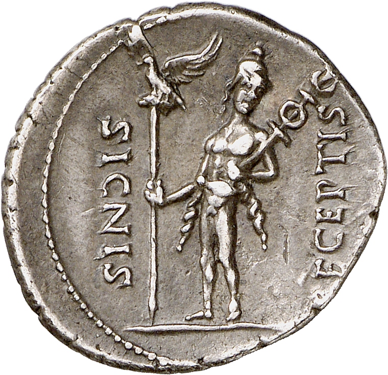Augustus reverse — Mars, helmeted and cloaked, standing front, head right, holding aquila in right hand and standard on left shoulder