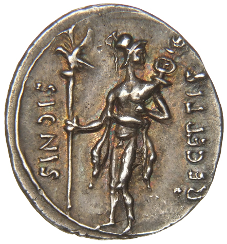 Augustus reverse — Mars, helmeted and cloaked, standing front, head right, holding aquila in right hand and standard on left shoulder