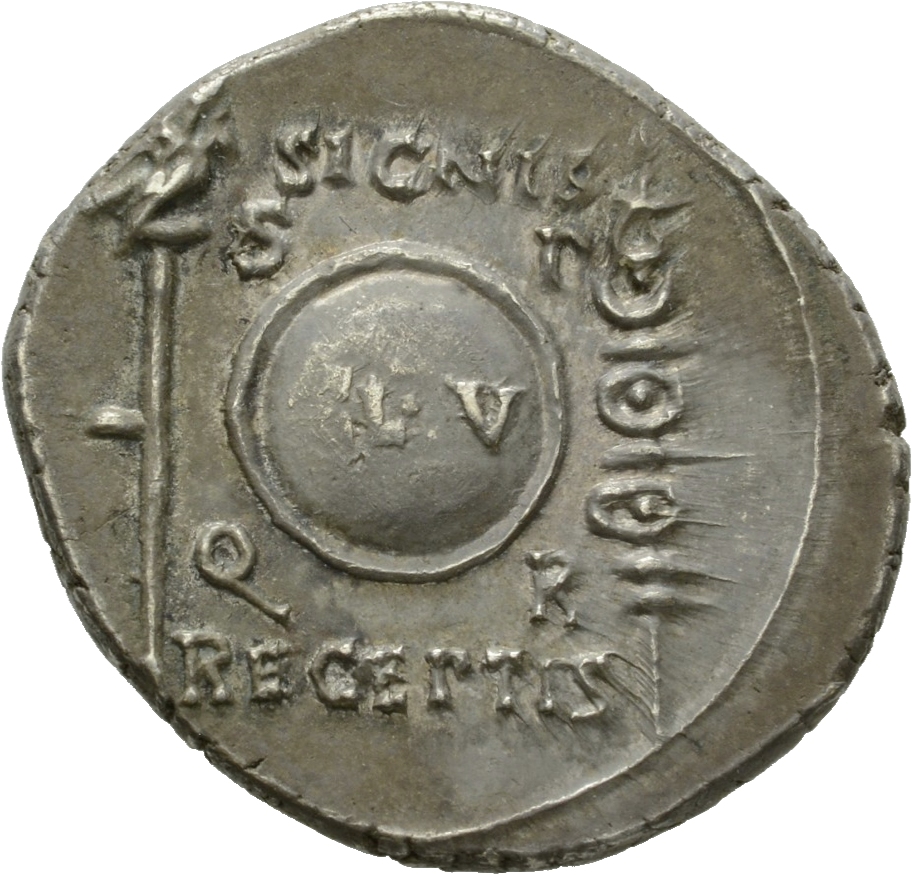 RIC I (second edition) Augustus 86B Augustus reverse, Round shield inscribed CL V, with S P Q R in corners between aquila,...