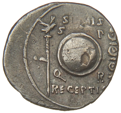 Augustus reverse — Round shield inscribed CL V, with S P Q R in corners between aquila, left, and standard, right