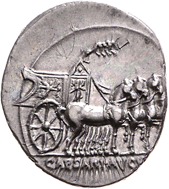 Augustus reverse — Slow quadriga right, with four miniature horses