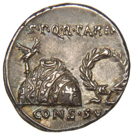 Augustus obverse — Toga picta over tunica palmata between aquila, left, and wreath, right