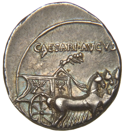 Augustus reverse — Slow quadriga right, with four miniature horses
