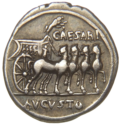 RIC I (second edition) Augustus 99 Augustus reverse, Slow quadriga right, with four miniature horses