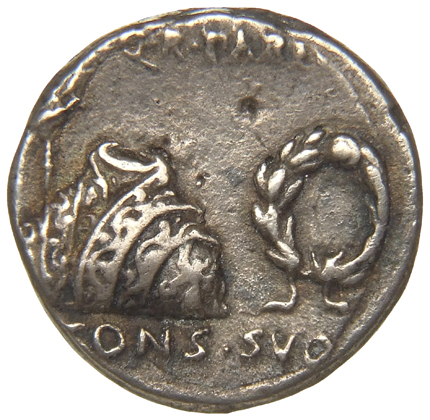 Augustus obverse — Toga picta over tunica palmata between aquila, left, and wreath, right
