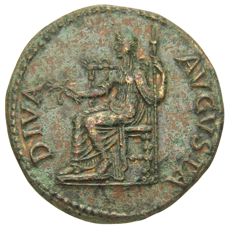 RIC I (second edition) Claudius 101 Claudius reverse, Livia, draped, wearing a wreath of corn-ears, seated left on an orna...