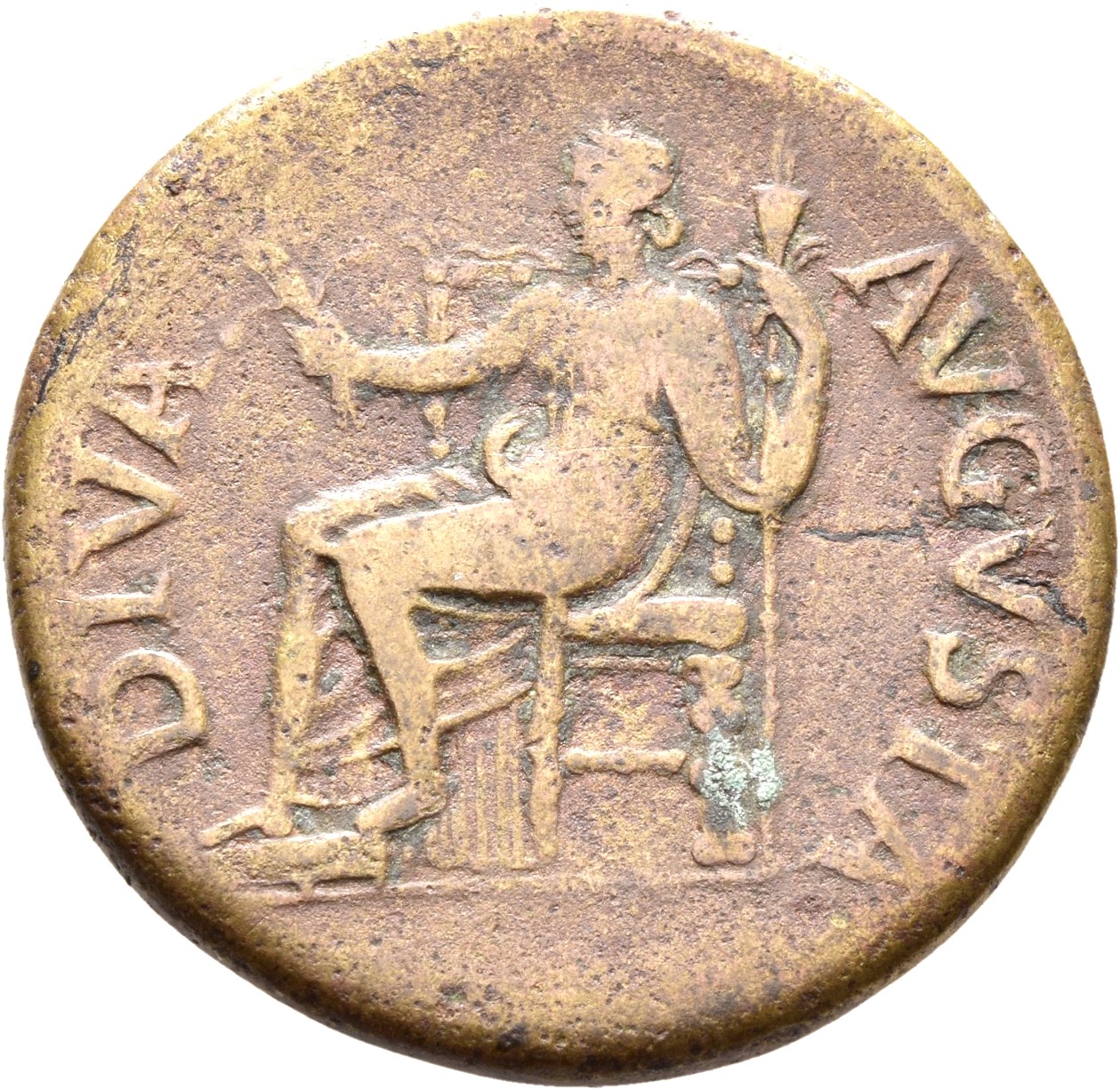 RIC I (second edition) Claudius 101 Claudius reverse — Livia, draped, wearing a wreath of corn-ears, seated left on an orn...
