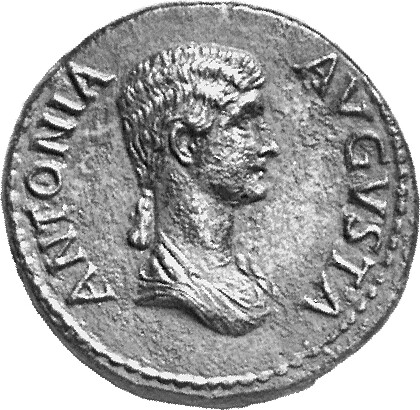 RIC I (second edition) Claudius 104 Claudius obverse, Bust of Antonia Minor, bare-headed, draped, right; hair in long plait