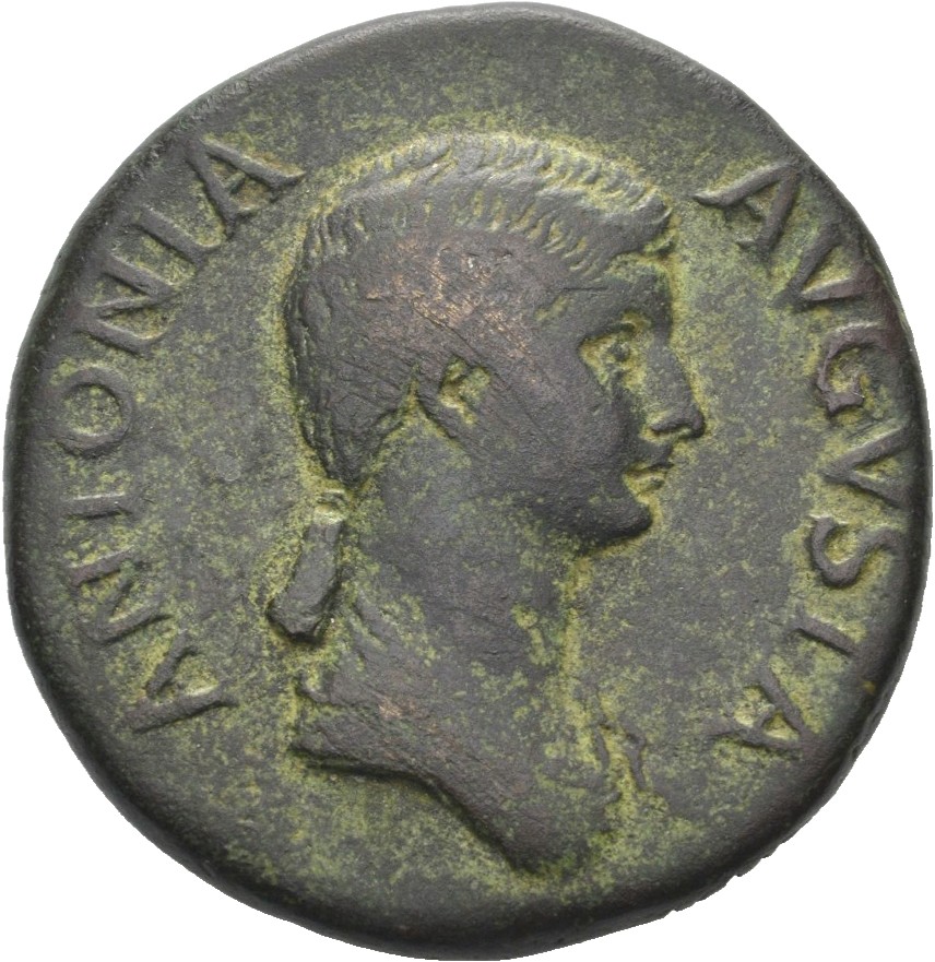 RIC I (second edition) Claudius 104 Claudius obverse — Bust of Antonia Minor, bare-headed, draped, right; hair in long plait