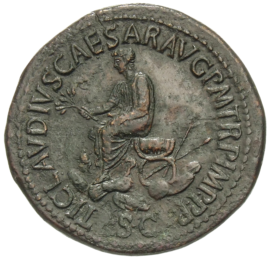 RIC I (second edition) Claudius 109 Claudius reverse, Claudius, togate, seated left on curule chair, holding branch in rig...