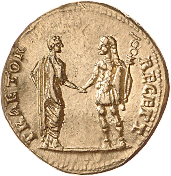 RIC I (second edition) Claudius 11 Claudius reverse, Claudius, bare-headed and togate, right, clasping hands with soldier,...