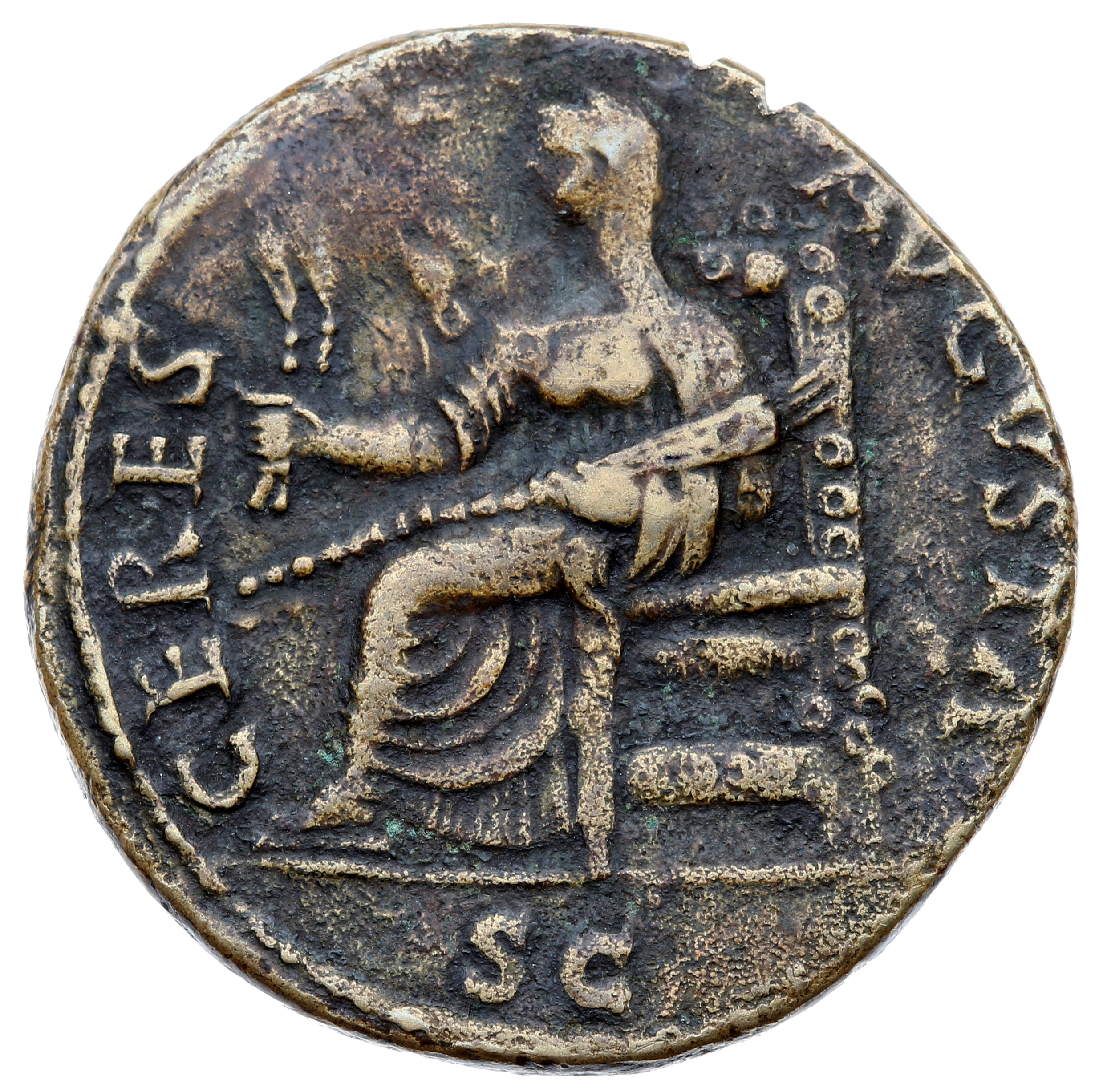 RIC I (second edition) Claudius 110 Claudius reverse — Ceres, veiled and draped, seated left, on ornamented throne, holdin...