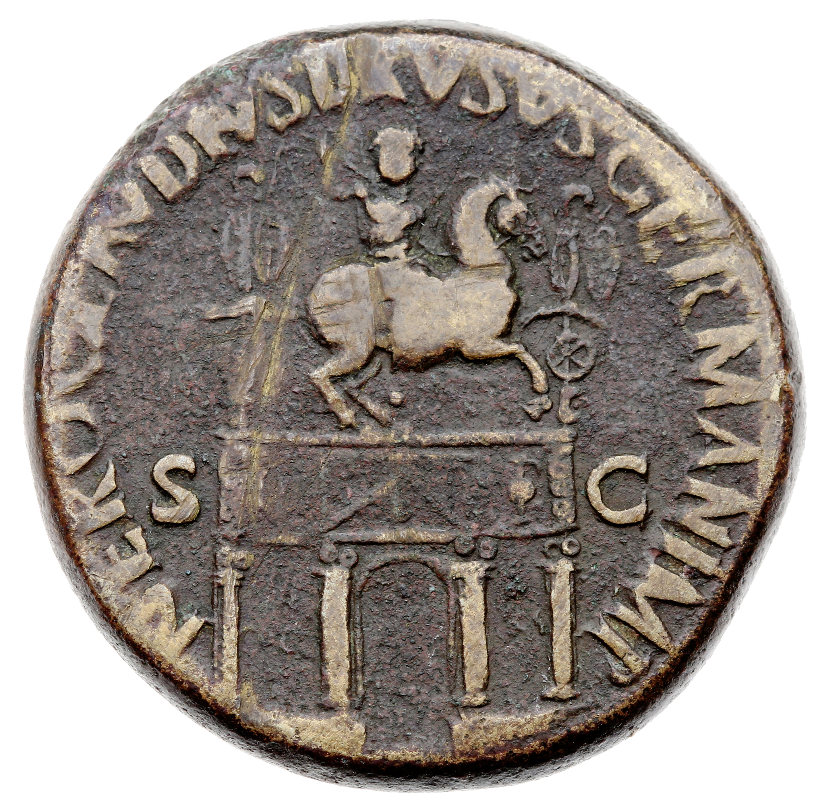 RIC I (second edition) Claudius 114 Claudius reverse — Triumphal arch surmounted by an equestrian statue, right, between t...