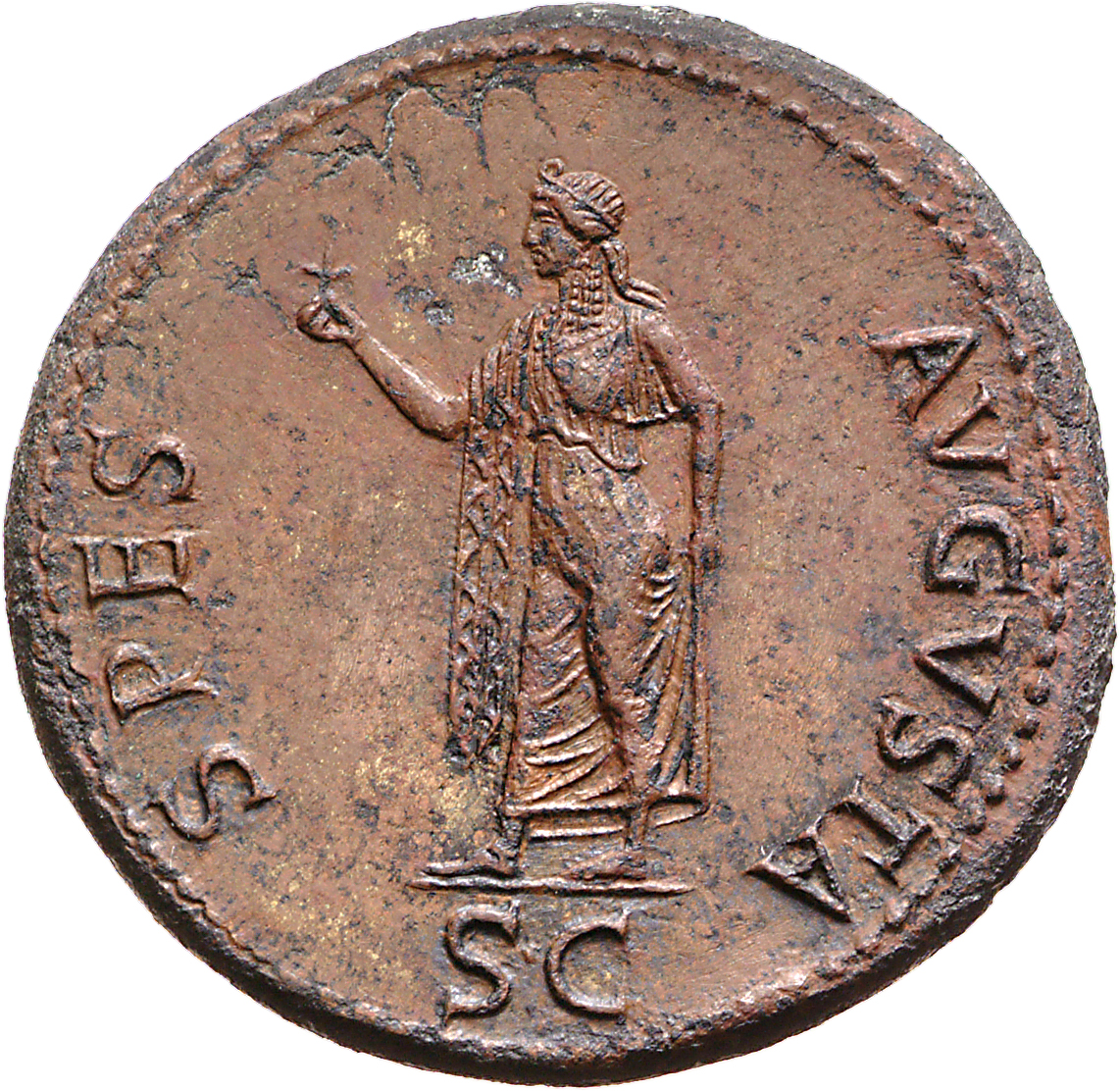 RIC I (second edition) Claudius 115 Claudius reverse, Spes, draped, advancing left, holding flower in right hand and raisi...
