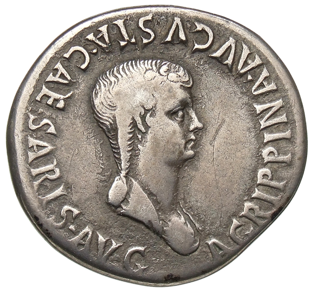 RIC I (second edition) Claudius 117 Claudius reverse, Bust of Agrippina the Younger, draped, right; hair in a long plait b...