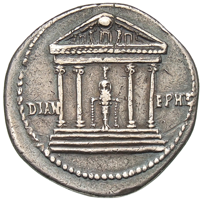 RIC I (second edition) Claudius 118 Claudius reverse, Temple of Diana of Ephesus, four columns, statue in center, right