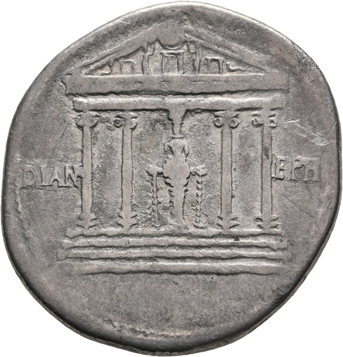 RIC I (second edition) Claudius 118 Claudius reverse — Temple of Diana of Ephesus, four columns, statue in center, right