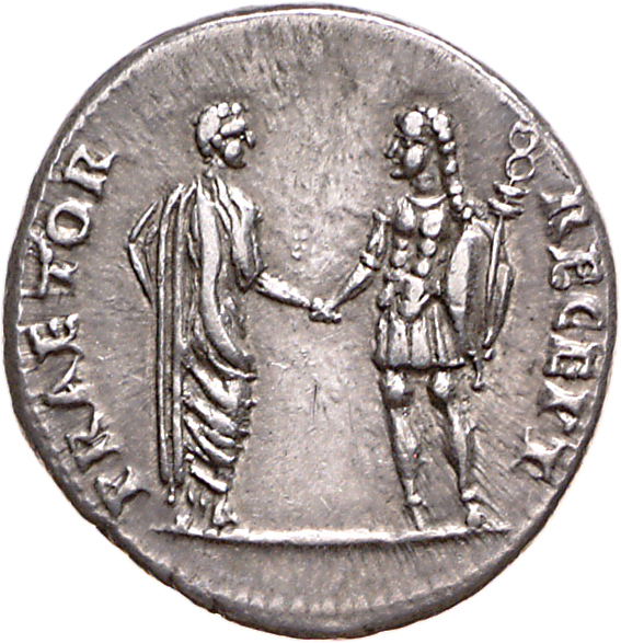 RIC I (second edition) Claudius 12 Claudius reverse — Claudius, bare-headed and togate, right, clasping hands with soldier...