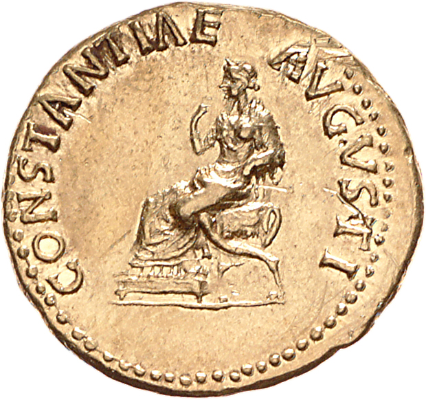 RIC I (second edition) Claudius 2 Claudius reverse, Constantia seated, left, on curule chair, raising right hand