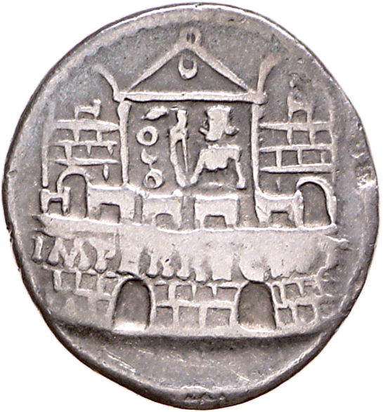 RIC I (second edition) Claudius 20 Claudius reverse — Battlemented wall enclosing praetorian camp; inside, soldier, holdin...