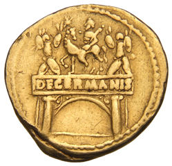 RIC I (second edition) Claudius 3 Claudius reverse — Triumphal arch surmounted by equestrian statue left, between two trop...