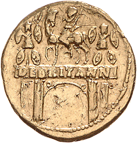 RIC I (second edition) Claudius 33 Claudius reverse, Triumphal arch surmounted by equestrian statue, left, between two tro...