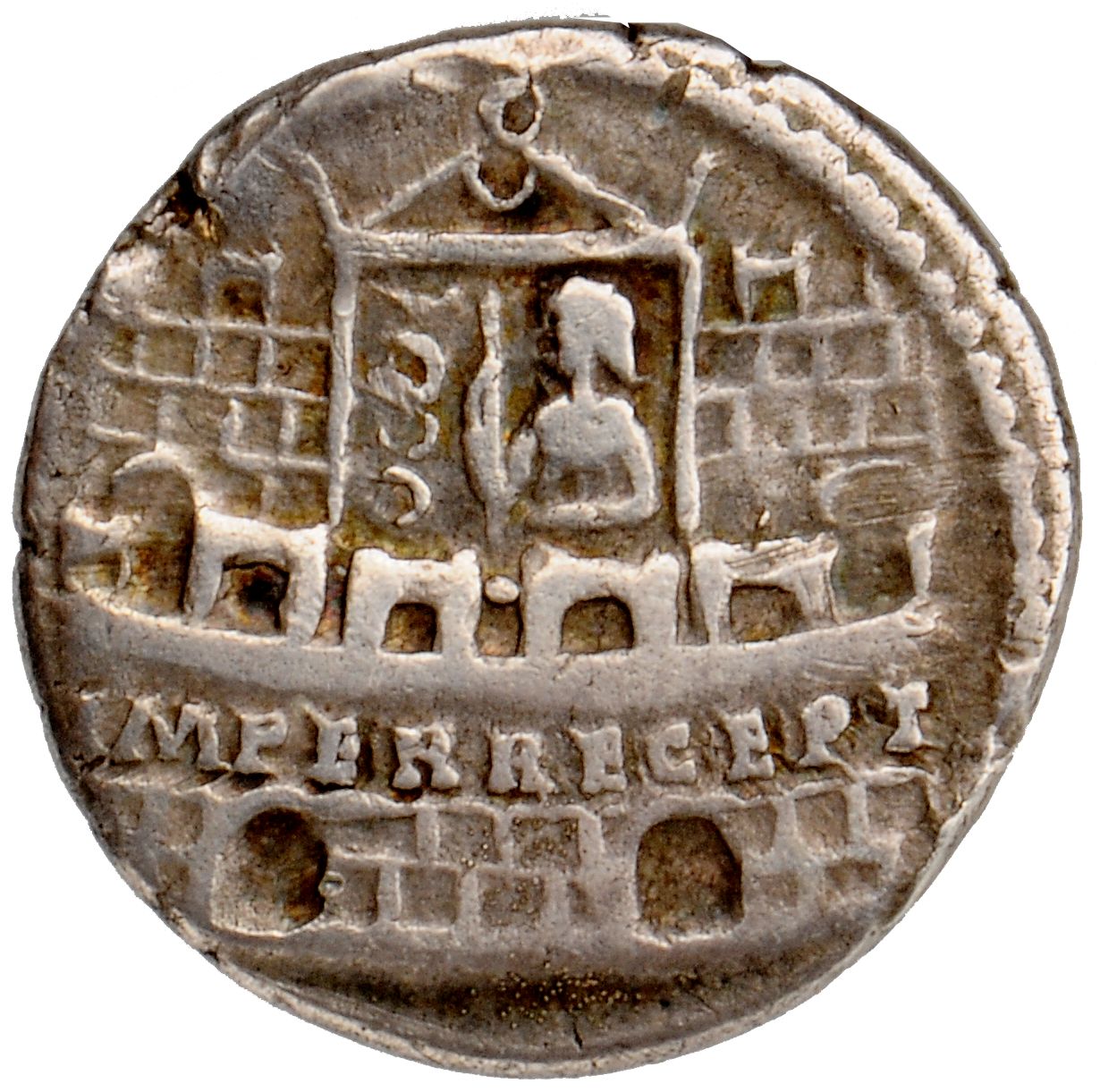 RIC I (second edition) Claudius 37 Claudius reverse — Battlemented wall enclosing praetorian camp; inside, soldier, holdin...