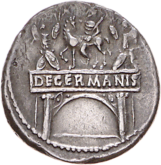 RIC I (second edition) Claudius 4 Claudius reverse, Triumphal arch surmounted by equestrian statue left, between two trophies