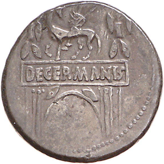 RIC I (second edition) Claudius 4 Claudius reverse — Triumphal arch surmounted by equestrian statue left, between two trop...