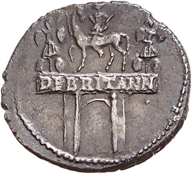RIC I (second edition) Claudius 45 Claudius reverse, Triumphal arch surmounted by equestrian statue, left, between two tro...