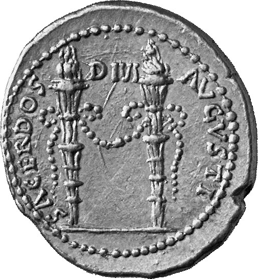 RIC I (second edition) Claudius 67 Claudius reverse, Two long flaming torches linked by ribbon