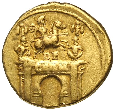 RIC I (second edition) Claudius 69 Claudius reverse — Triumphal arch surmounted by equestrian statue, right, between two t...
