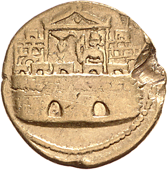 RIC I (second edition) Claudius 7 Claudius reverse — Battlemented wall enclosing praetorian camp; inside, soldier, holding...