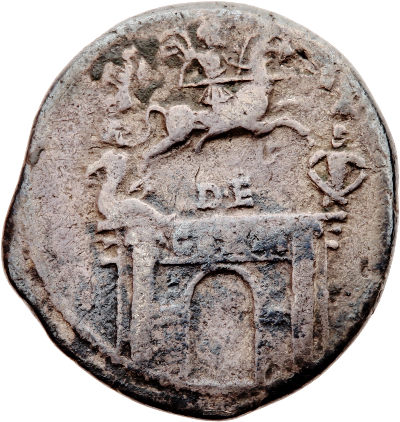 RIC I (second edition) Claudius 70 Claudius reverse, Triumphal arch surmounted by equestrian statue, right, between two tr...
