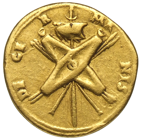 RIC I (second edition) Claudius 73 Claudius reverse, Two shields, two pairs of spears, two trumpets, all crossed; behind; ...