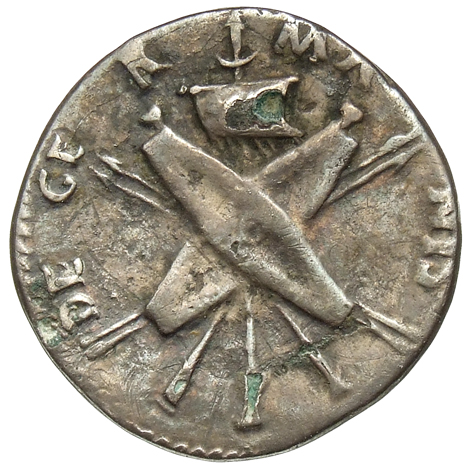 RIC I (second edition) Claudius 74 Claudius reverse, Two shields, two pairs of spears, two trumpets, all crossed; behind; ...