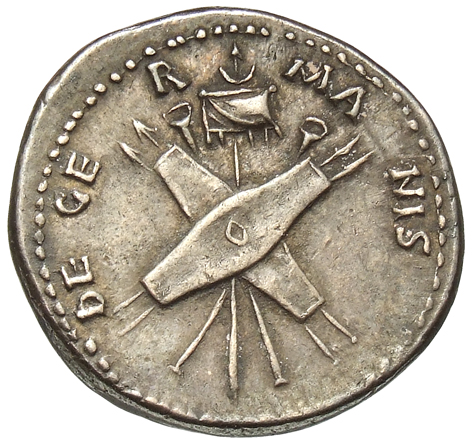 RIC I (second edition) Claudius 74 Claudius reverse, Two shields, two pairs of spears, two trumpets, all crossed; behind; ...